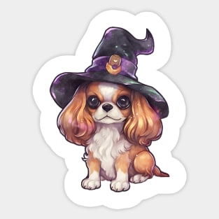 Watercolor Cavalier King Charles Spaniel Dog in Witch Hat Sticker